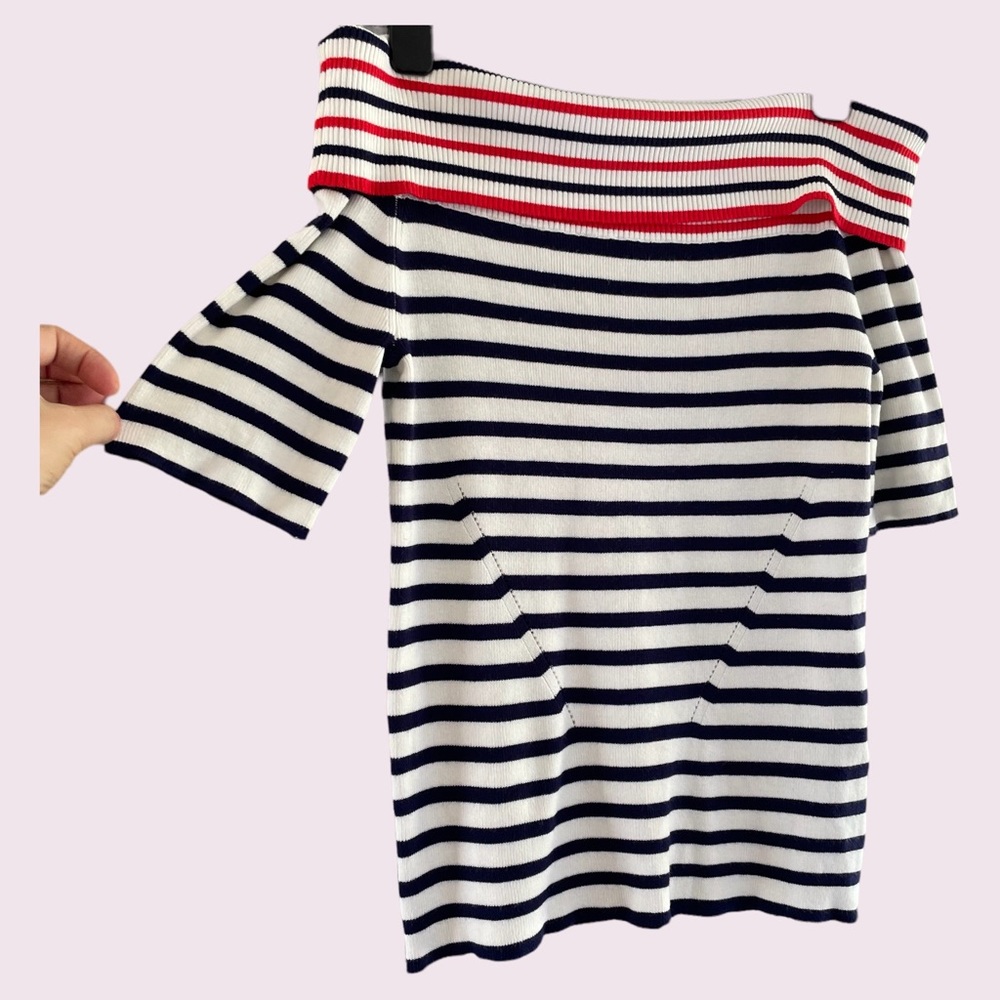 OASIS Striped Very Stretch Knit Short Sleeve Marine Style Top Size 12 - Picture 2 of 5